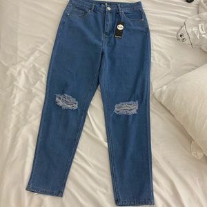 High waisted distress mom jeans